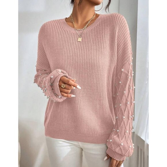 Casual Pink Pearl Round Neck Drop Shoulder - Picture 3 of 6